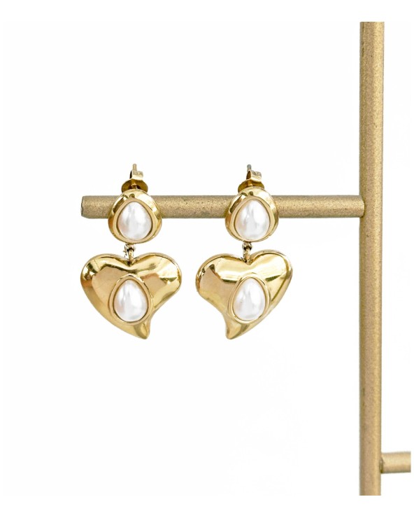 Boucles d'oreilles - doré - perle - coeur - mignonne - paloma bijoux - pampille - acier inoxydable