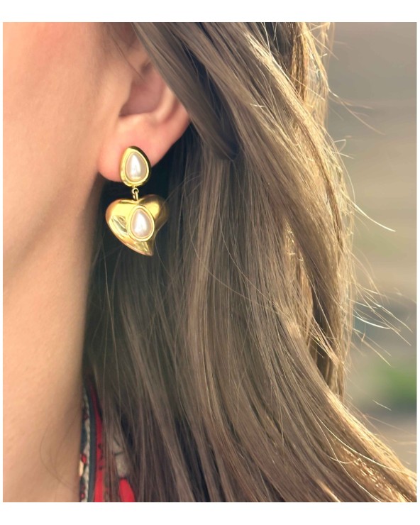 Boucles d'oreilles - doré - perle - coeur - mignonne - paloma bijoux - pampille - acier inoxydable