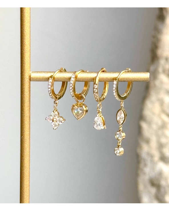 Boucles d'oreilles - mini créoles - doré - strass - fleur - palma bijoux - pampille - acier inoxydable