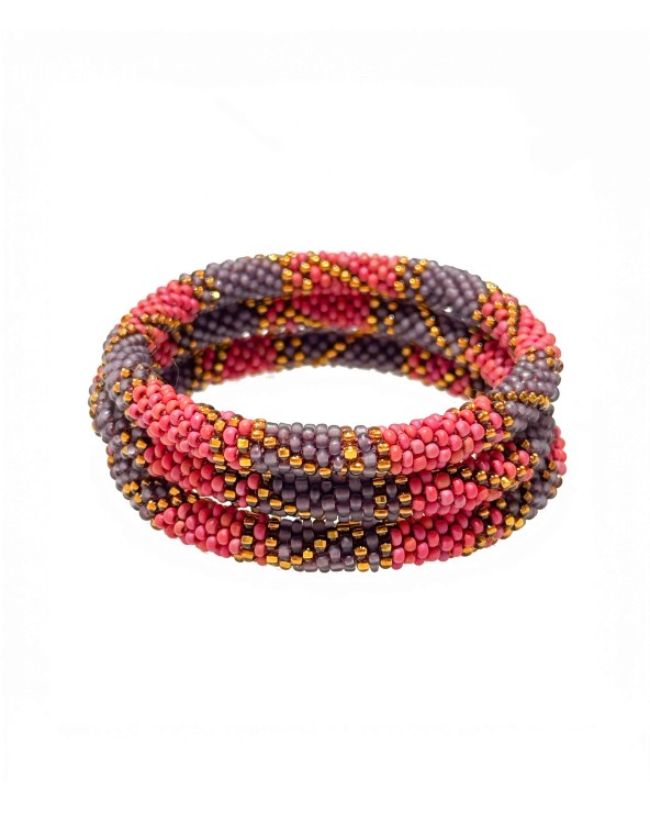 Bracelet népalais - doré - coloré - violet - rose - perles - tissé à la main - été