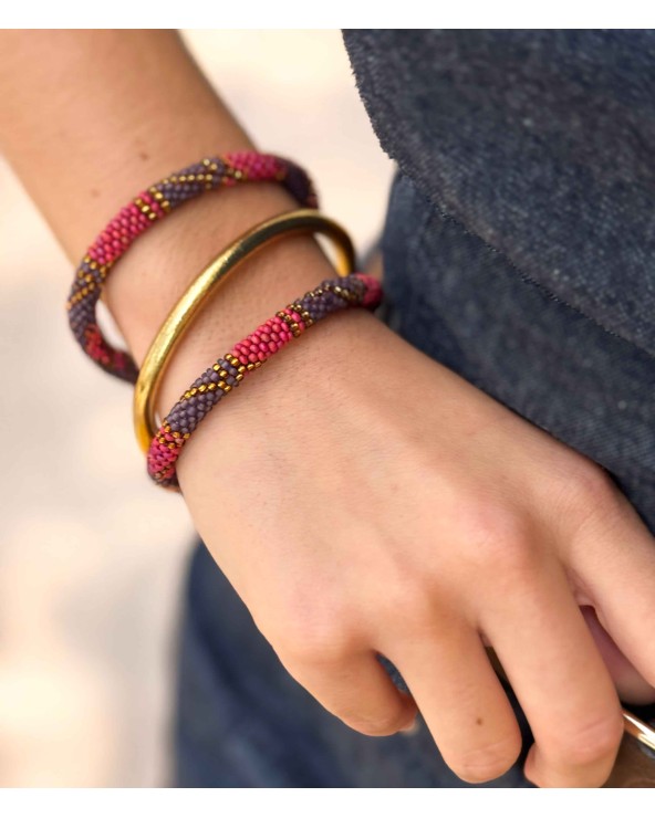 Bracelet népalais - doré - coloré - violet - rose - perles - tissé à la main - été
