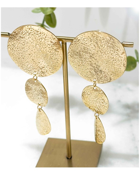 boucles d'oreilles - longues - cercles - martelée - doré - acier inoxydable - rouille pas