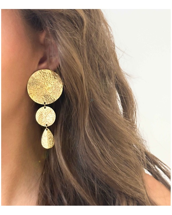 boucles d'oreilles - longues - cercles - martelée - doré - acier inoxydable - rouille pas