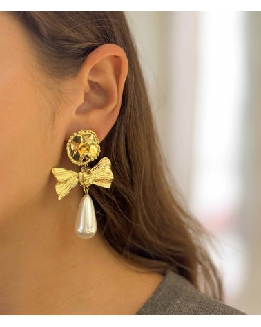 boucles d'oreilles - perles - goutte - noeud papillon - pendantes - doré - acier inoxydable - rouille pas
