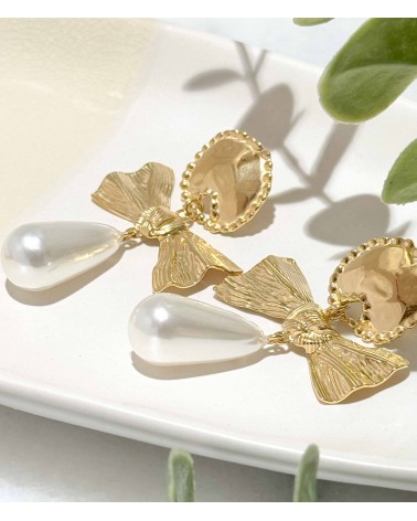 boucles d'oreilles - perles - goutte - noeud papillon - pendantes - doré - acier inoxydable - rouille pas