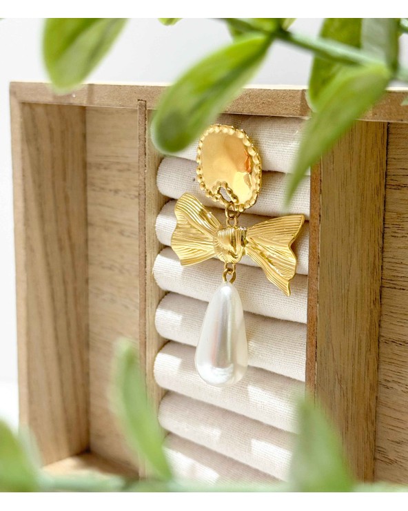 boucles d'oreilles - perles - goutte - noeud papillon - pendantes - doré - acier inoxydable - rouille pas