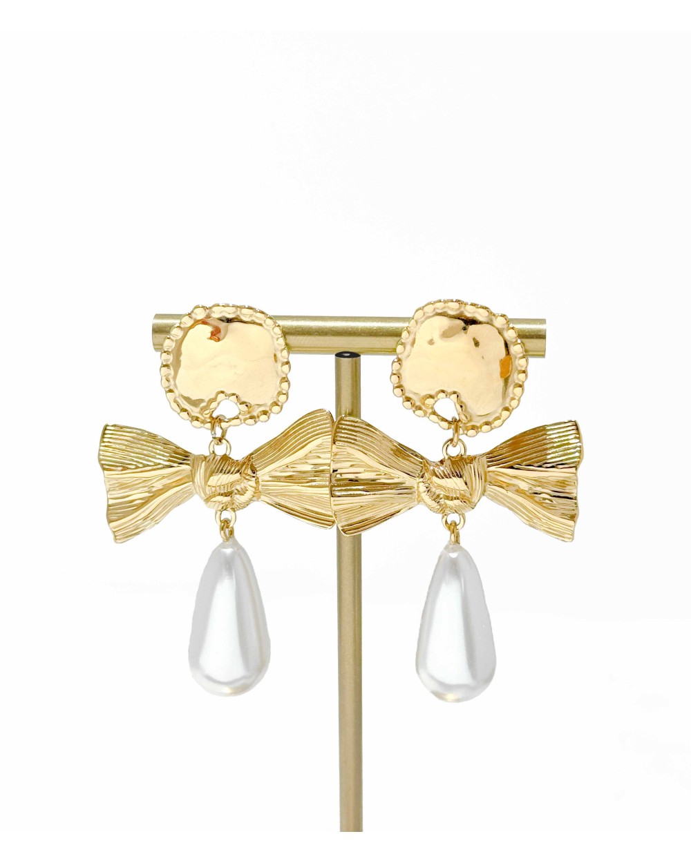 boucles d'oreilles - perles - goutte - noeud papillon - pendantes - doré - acier inoxydable - rouille pas