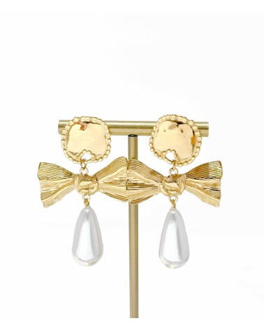 boucles d'oreilles - perles - goutte - noeud papillon - pendantes - doré - acier inoxydable - rouille pas