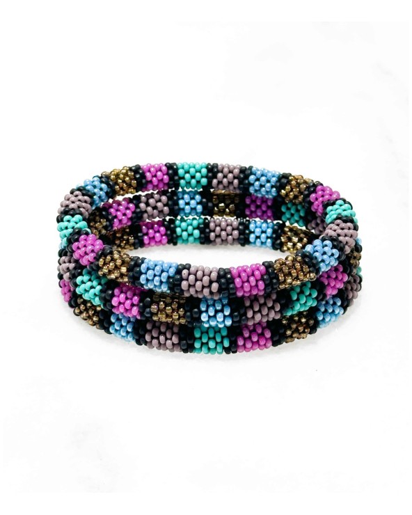 Bracelet népalais - doré - coloré - violet - rose - noir - bleu - automne - perles - tissé à la main - été