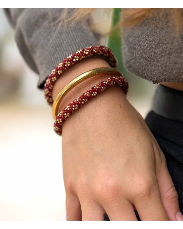 Bracelet népalais - doré - coloré - rouge - fleur  - automne - perles - tissé à la main - été