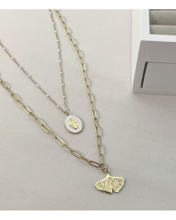 Collier vierge et ginkgo en acier chirurgical - Bijoux tendance fantaisie - Paloma Bijoux