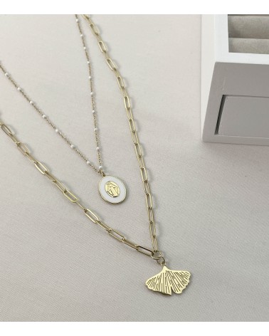 Collier vierge et ginkgo en acier chirurgical - Bijoux tendance fantaisie - Paloma Bijoux