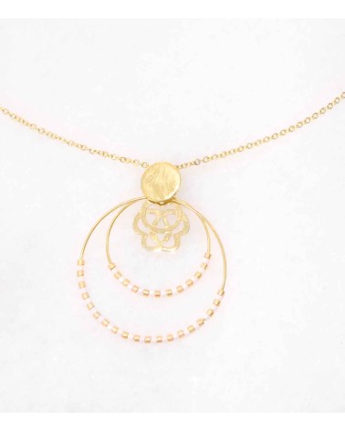 collier court en acier inoxydable  doré à l'or fin avec pendentif rond perles miyuki couleur blanc