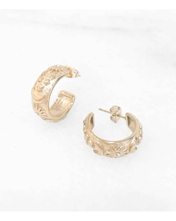 Boucles d'oreilles créoles en acier chirurgical 316L - bijoux tendance -  étoile lune et soleil