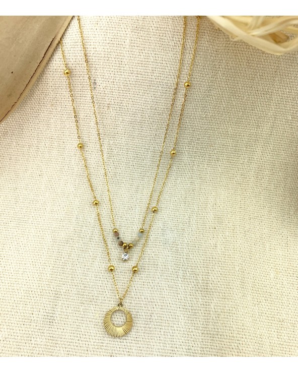 Collier 2 rangs - petites perles et pendentifs - Doré à l'or fin 18K