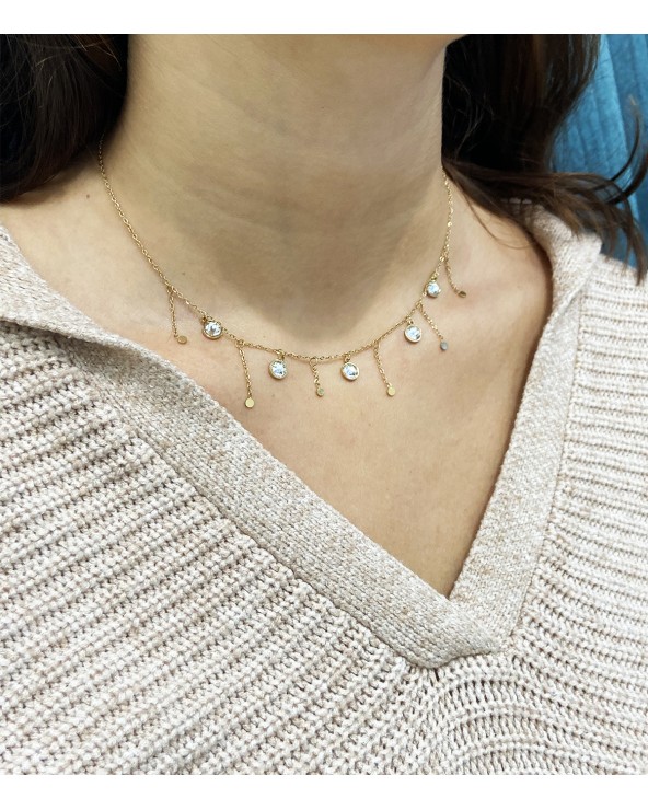 Collier Shanna - Pampilles Cristal de verre teinté - Acier inoxydable doré à l'or fin - Blanc