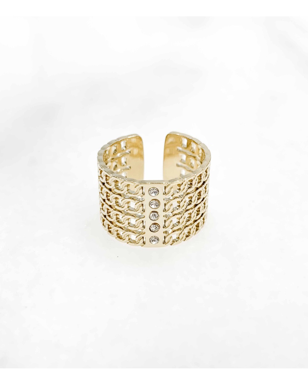 Bague large chaîne et zircons en acier inoxydable - Paloma Bijoux