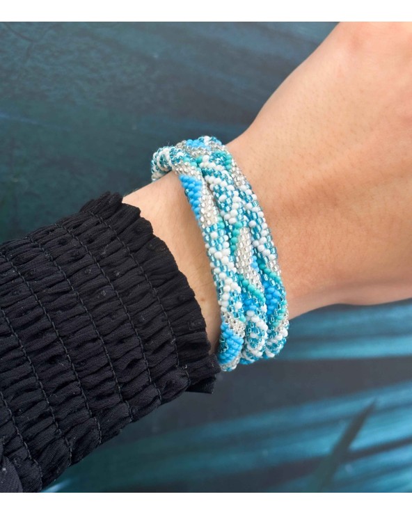 Bracelet népalais -bleus - blanc - argent - tissé à la main