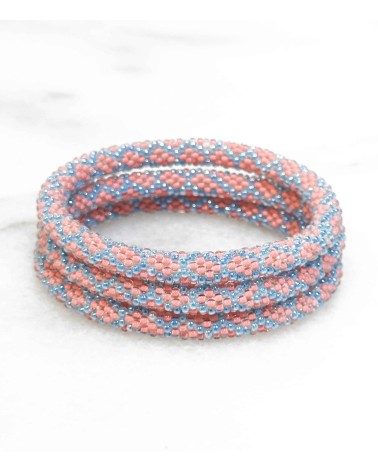 Bracelet népalais - rose - bleu -motif - tissé à la main