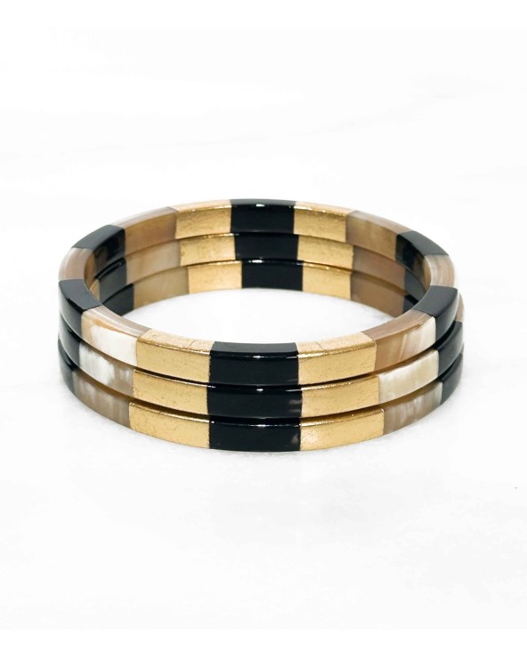 Bracelet - corne - bords carrés - damier - doré - noir