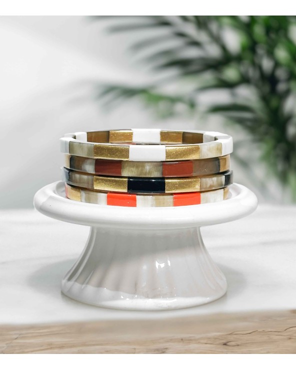 Bracelet - corne - bords carrés - damier - doré - noir