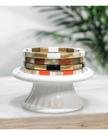Bracelet - corne - bords carrés - damier - doré - noir