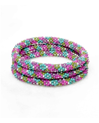 Bracelet népalais - violet - vert - bleu - tissé à la main - tendance - perles - printemps - été