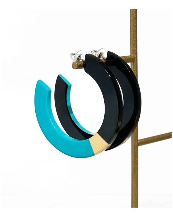 Boucles d'oreilles - créoles - plates - corne -turquoise - feuilles d'or