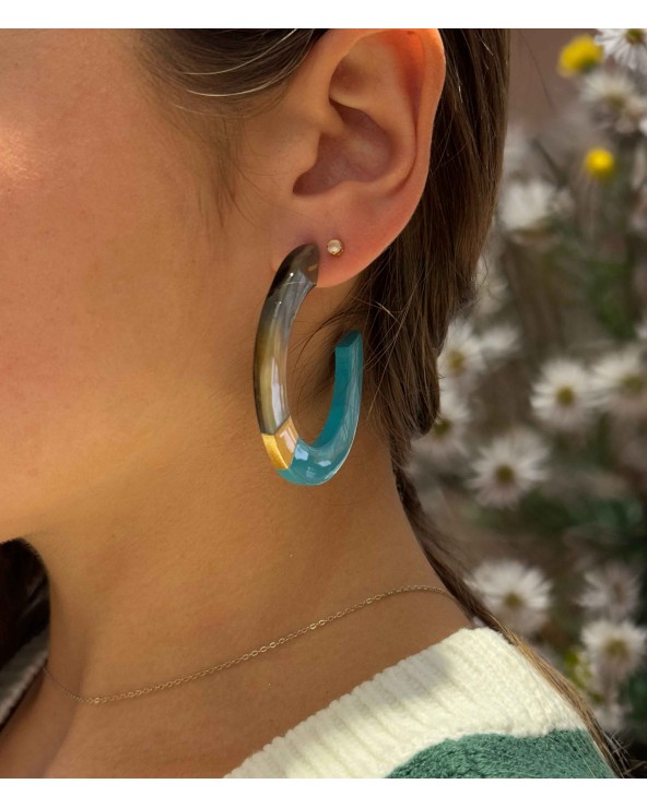 Boucles d'oreilles - créoles - plates - corne -turquoise - feuilles d'or