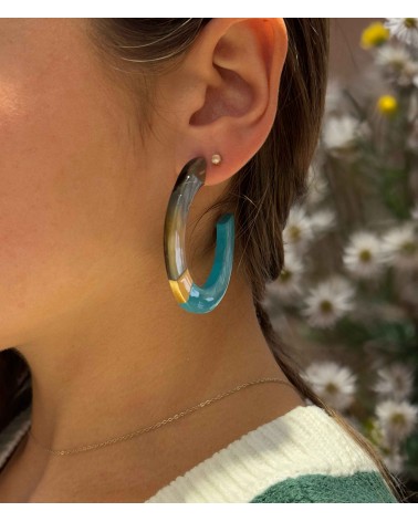 Boucles d'oreilles - créoles - plates - corne -turquoise - feuilles d'or