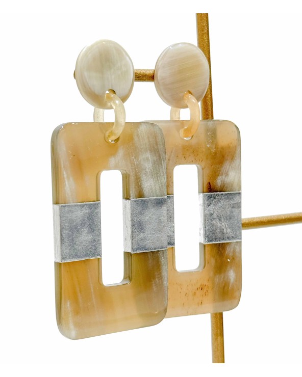 Boucles d'oreilles - corne naturelle - authentique - rectangle - pendante - couleur - argent