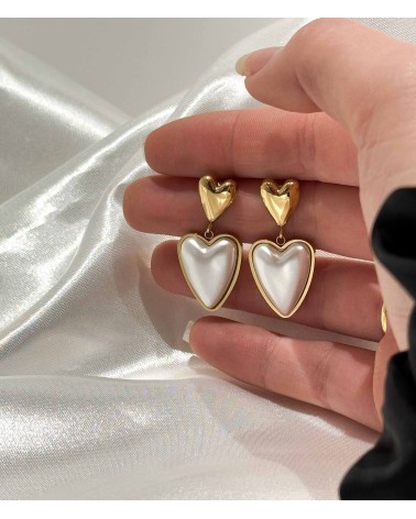 Boucles d"oreilles - coeur  - saint Valentin - acier inoxydable - doré - perle  - paloma bijoux