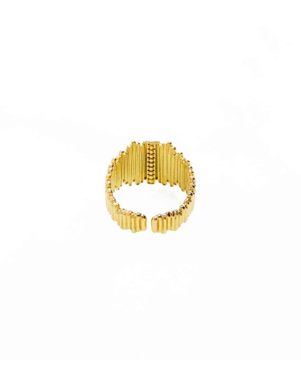 Bague symétrique - strass - stries - couronne - acier inoxydable - doré