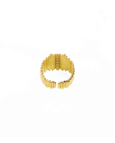 Bague symétrique - strass - stries - couronne - acier inoxydable - doré