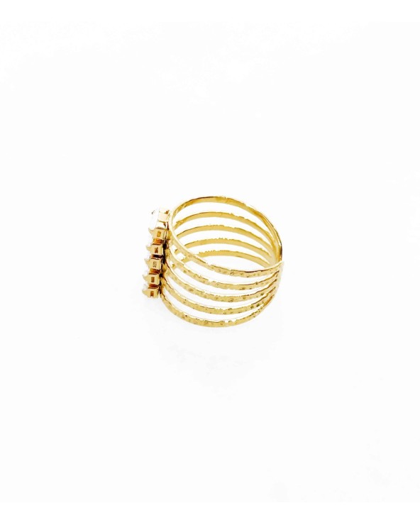 Bague symétrique - strass - rectangles - multirangs - acier inoxydable - doré