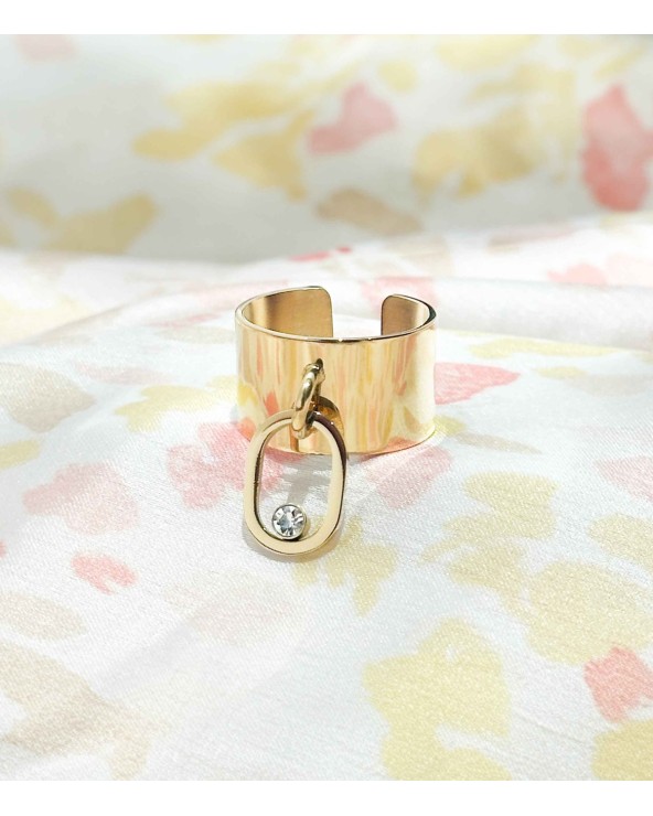Bague breloque - strass - oval - large - acier inoxydable - doré