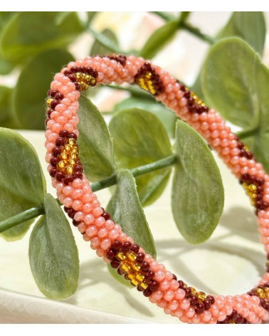 Bracelet népalais - corail - coloré  - bordeaux - doré - perles - tissé à la main - été - doré - losanges