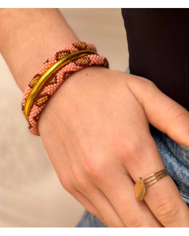 Bracelet népalais - corail - coloré  - bordeaux - doré - perles - tissé à la main - été - doré - losanges
