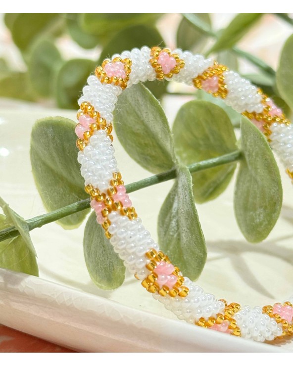 Bracelet népalais - blanc - coloré  - rose - doré - perles - tissé à la main - été - losanges