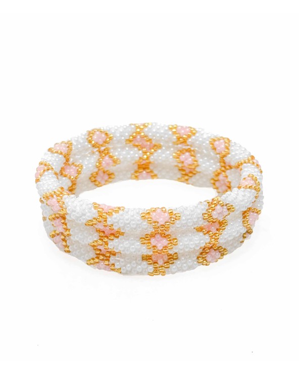 Bracelet népalais - blanc - coloré  - rose - doré - perles - tissé à la main - été - losanges