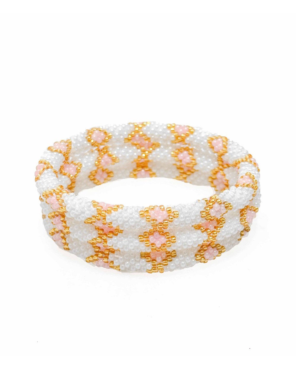Bracelet népalais - blanc - coloré  - rose - doré - perles - tissé à la main - été - losanges