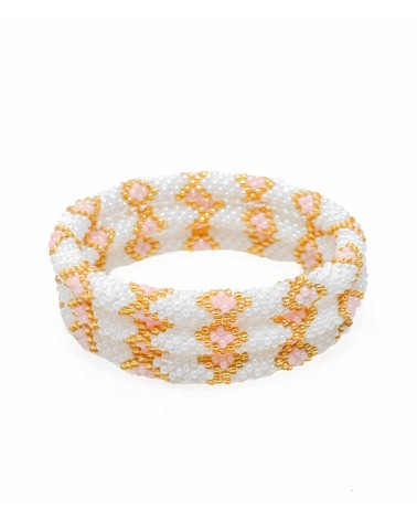 Bracelet népalais - blanc - coloré  - rose - doré - perles - tissé à la main - été - losanges