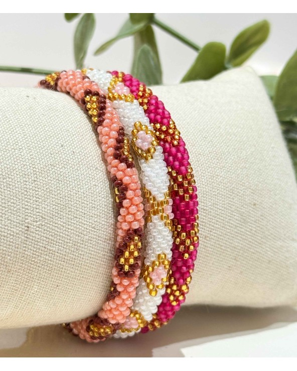 Bracelet népalais - corail - coloré  - bordeaux - doré - perles - tissé à la main - été - doré - losanges