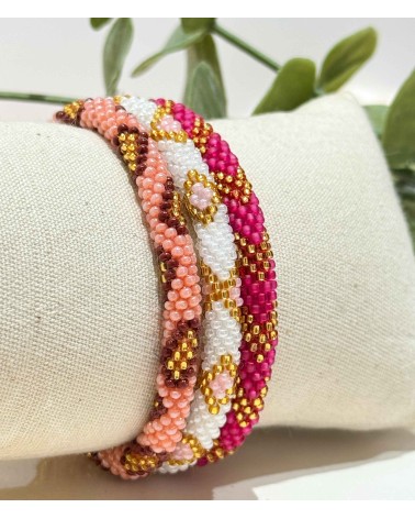 Bracelet népalais - corail - coloré  - bordeaux - doré - perles - tissé à la main - été - doré - losanges