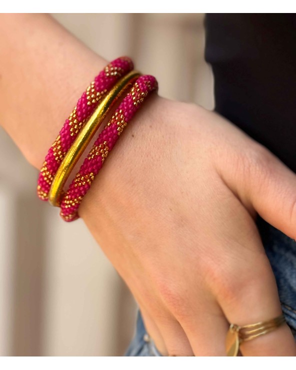 Bracelet népalais - rose fuchsia - coloré  - flèche - doré - perles - tissé à la main - été - doré - losanges