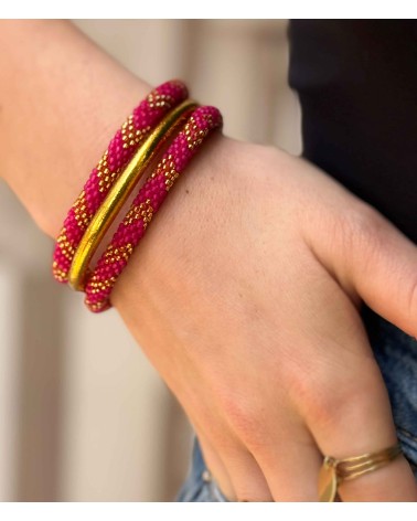 Bracelet népalais - rose fuchsia - coloré  - flèche - doré - perles - tissé à la main - été - doré - losanges