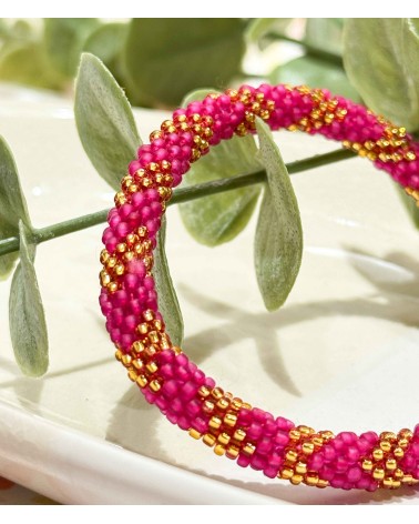 Bracelet népalais - rose fuchsia - coloré  - flèche - doré - perles - tissé à la main - été - doré - losanges