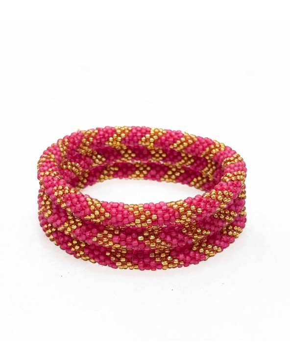 Bracelet népalais - rose fuchsia - coloré  - flèche - doré - perles - tissé à la main - été - doré - losanges