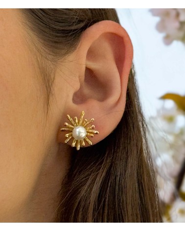 Boucles d'oreilles - fleurs - doré - perle - marguerite - pétale - acier inoxydable  - paloma bijoux
