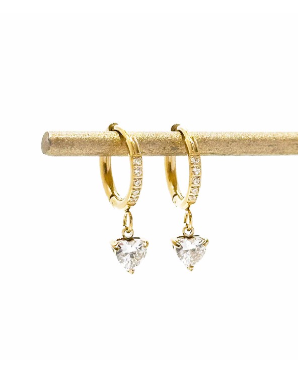 Boucles d'oreilles - créole - petite - pendante - doré - strass - perle - coeur - acier inoxydable  - paloma bijoux